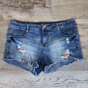 Joe Boxer, Distressed Jean Shorts, Red Plaid Pockets, Size 11